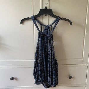 Free People Blue and Black Print Halter Tank Top